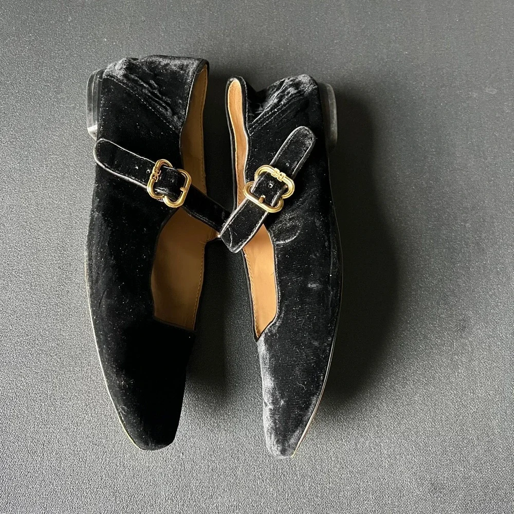 Sam Edelman Womens 9 Black Velvet Mary Jane Buckle Strap Flats Victorian Holiday